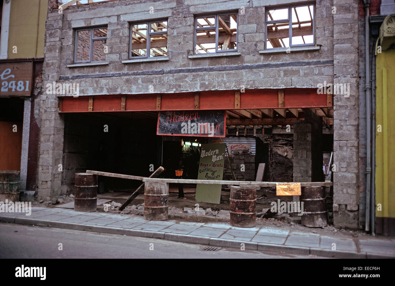 BELFAST, NORTHERN IRELAND -  MAY 1972. Bomb damaged shop by the Irish Republican Army during The Troubles, Northern Ireland. Stock Photo
