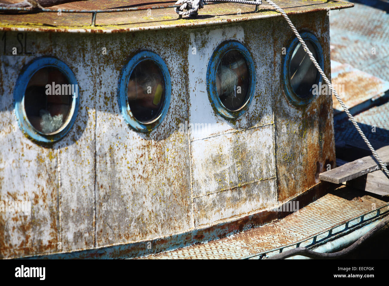 Color shot of some portholes on an old ship. Stock Photo