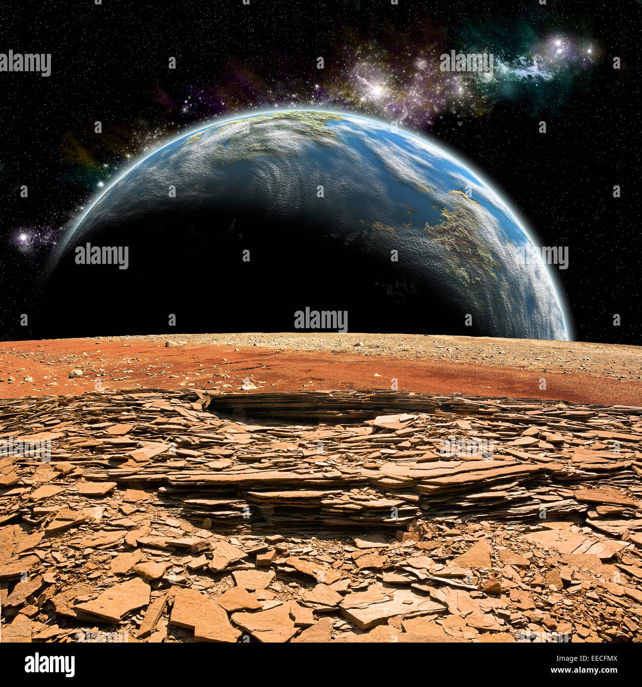An artist's depiction of the view from a rocky and barren alien moon. An Earth-like planet rises over the airless environment. Stock Photo