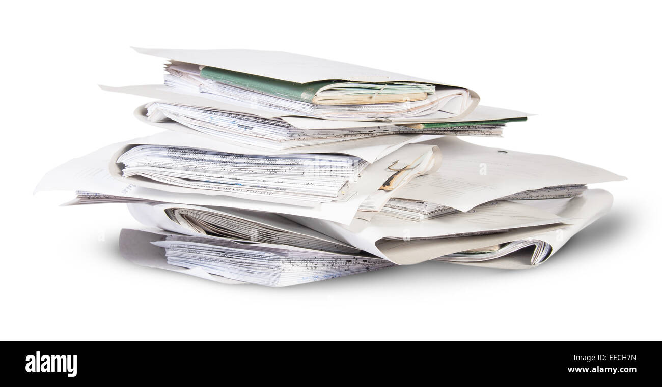 Pile of files in chaotic order rotated isolated on white background Stock Photo