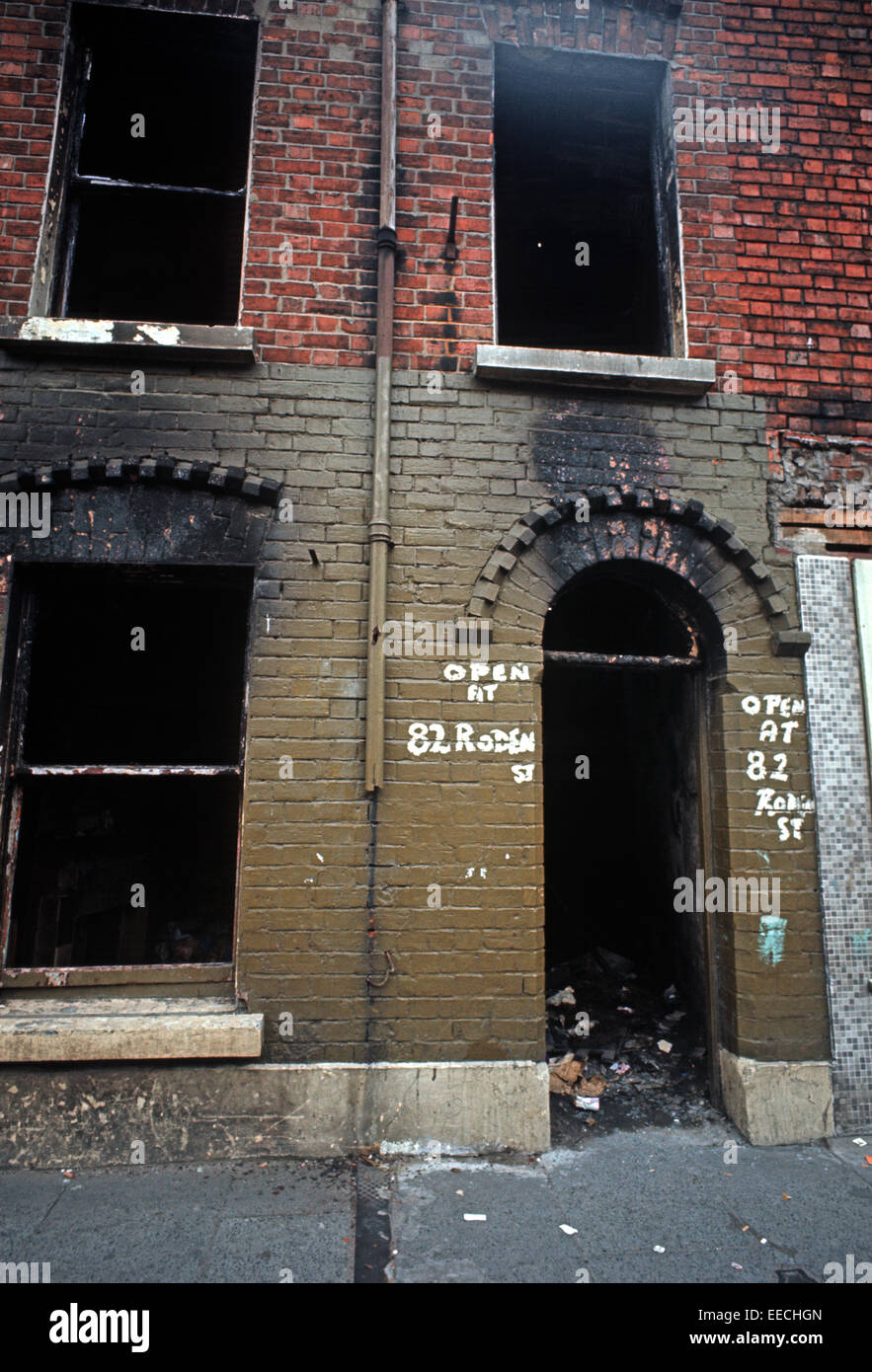 BELFAST,NORTHERN IRELAND - MAY 1972. Fire bomb damage from Irish Republican Army bomb during The Troubles, Northern Ireland. Stock Photo