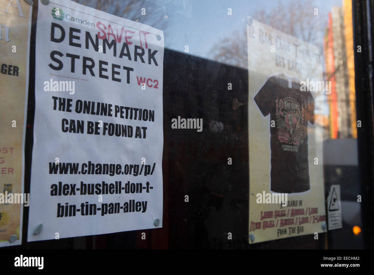 Save Denmark Street WC2 petition notice in the window of legendary music venue The 12 Bar. Set for demolition for Crossrail. Stock Photo