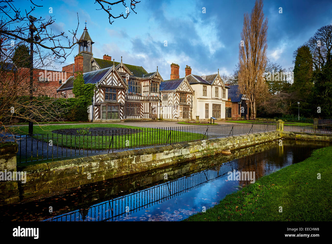 Wythenshawe Hall is a 16th-century medieval timber-framed historic house and former stately home in Wythenshawe park, Manchester Stock Photo