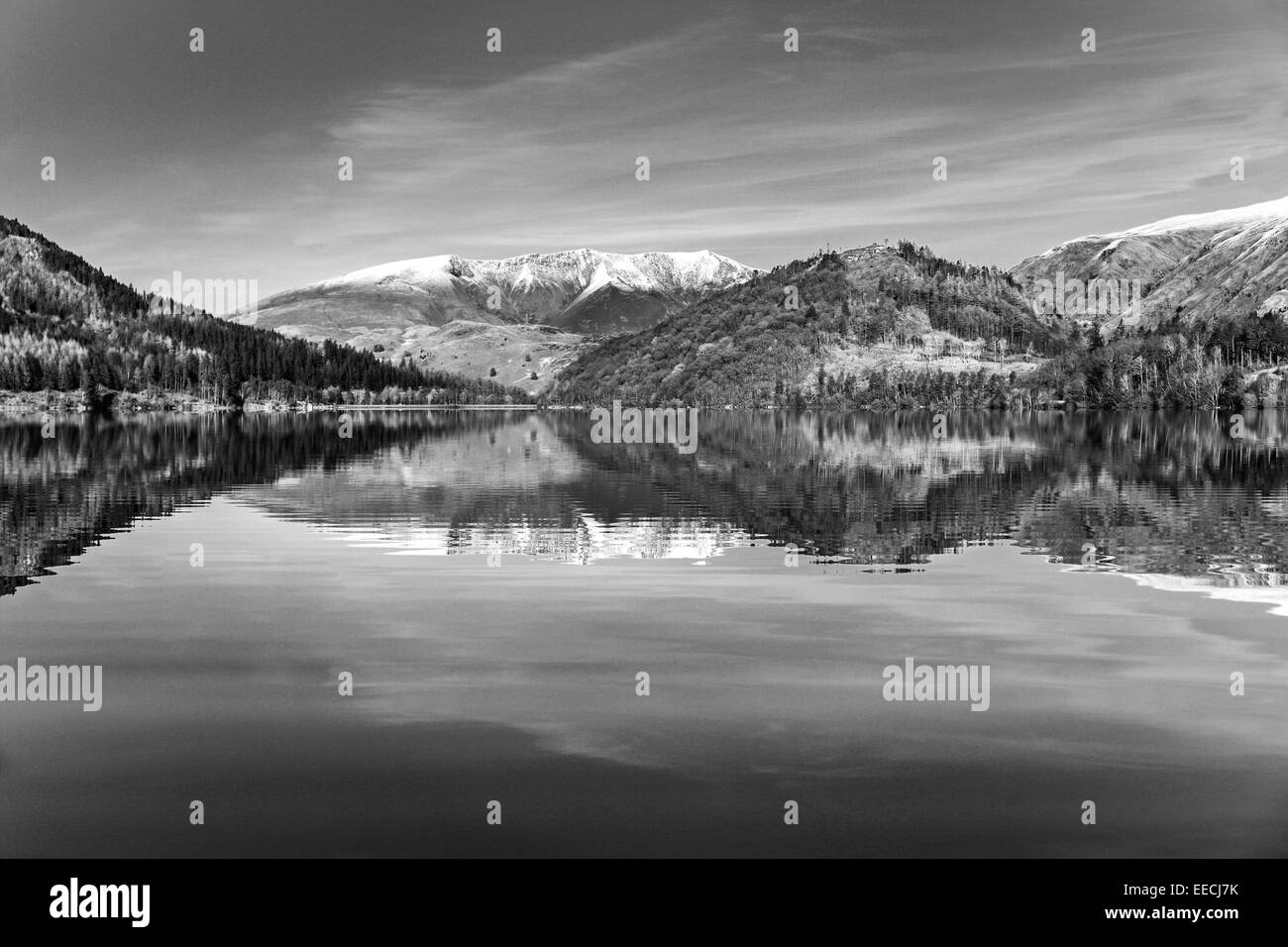 Snow covered Blencathra from a still and tranquil Thirlmere Reservoir Stock Photo