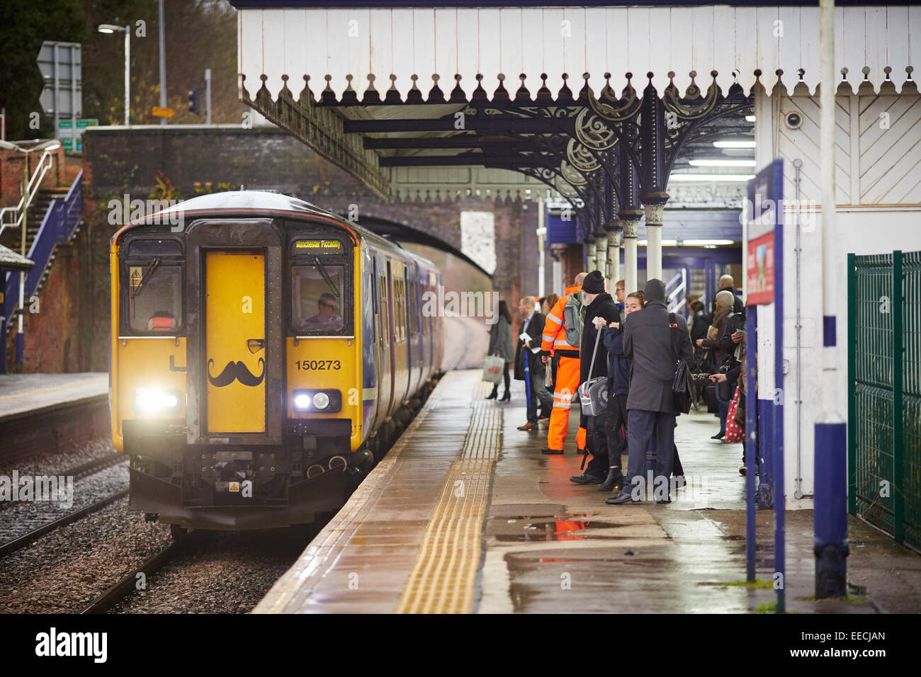 Knutsford railway station in Cheshire UK a passenger train arrives