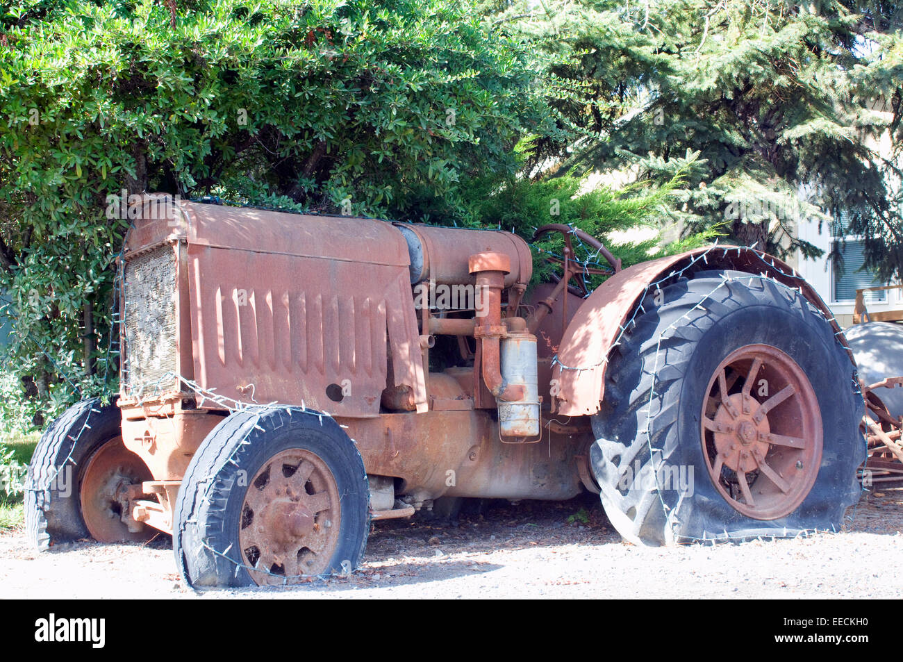 Antiquated derelict 1930's tractor abandoned to nature in California USA Stock Photo