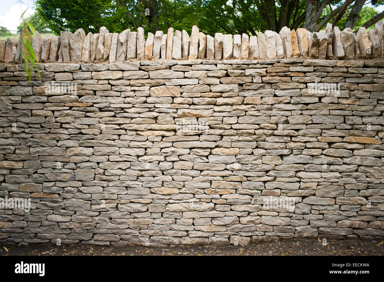 Newly built dry stone wall - drystone - constructed of new Cotswolds stone using traditional old methods, UK Stock Photo
