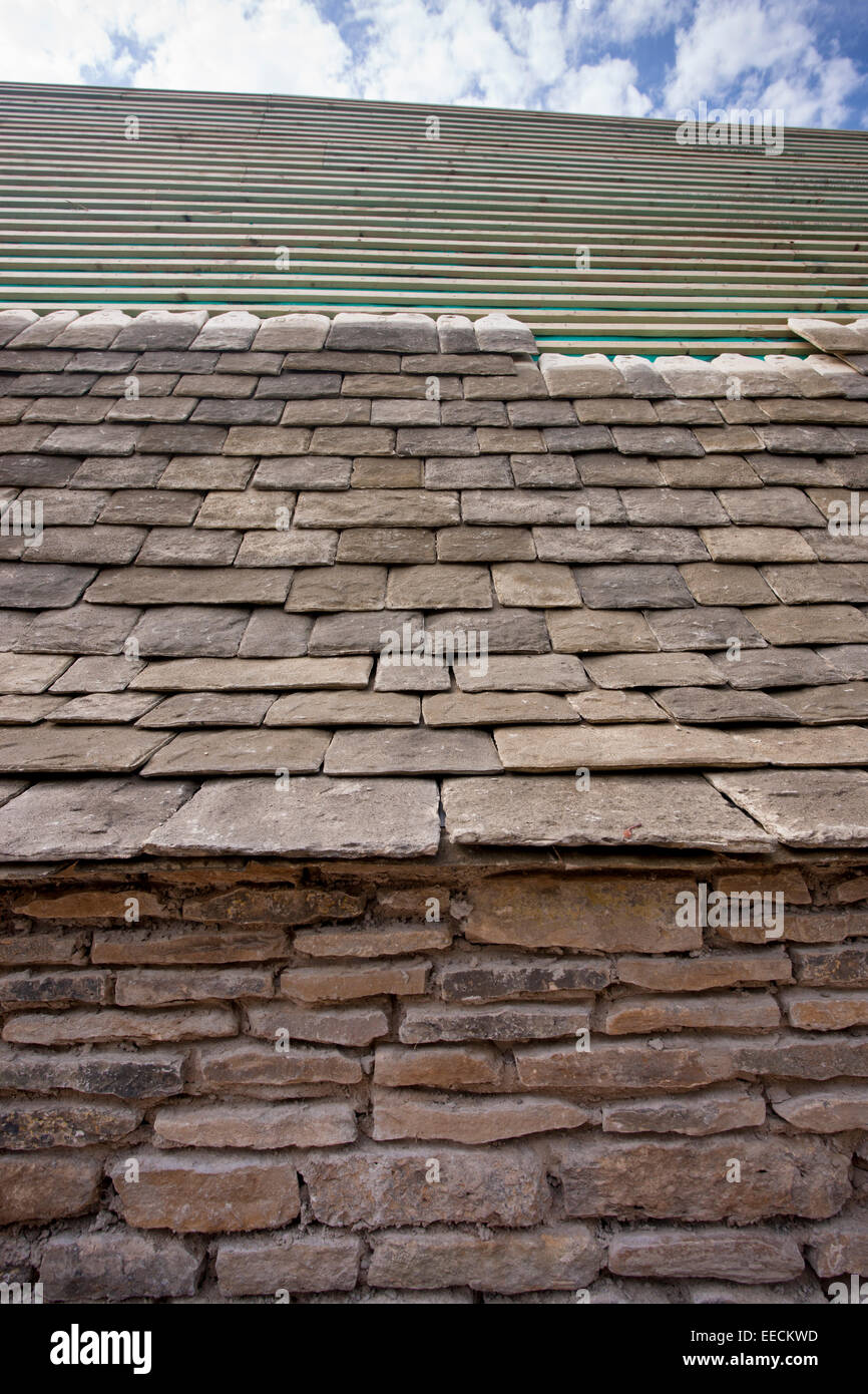 Re-roofing with reproduction Cotswold roof slates of a Cotswolds stone cottage using traditional method of tiling, UK Stock Photo