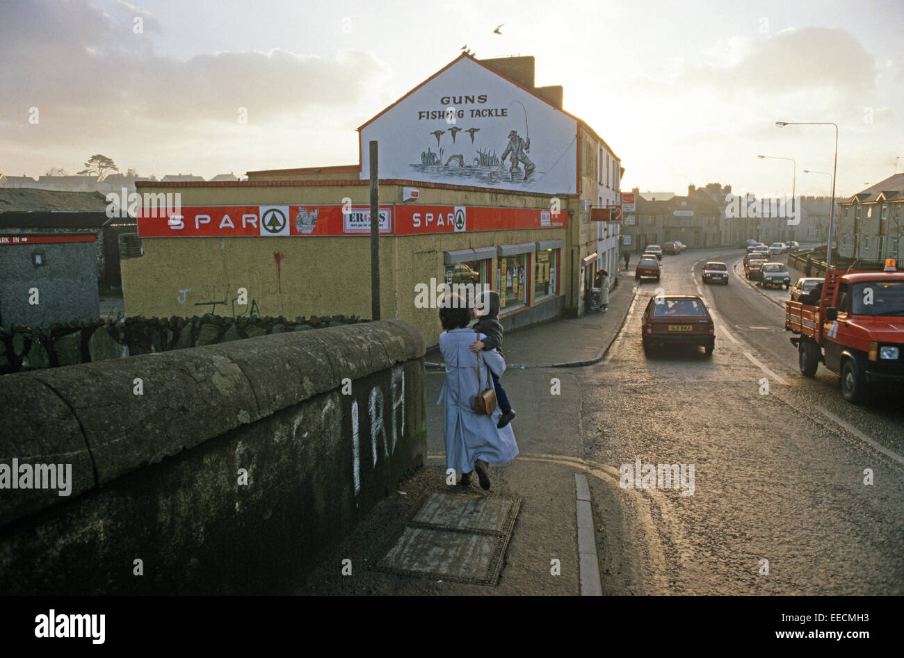 STRABANE, NORTHERN IRELAND- NOVEMBER 1985. Strabane border town with Lifford of County Donegal, Republic of Ireland during The Troubles, Northern Ireland. Stock Photo