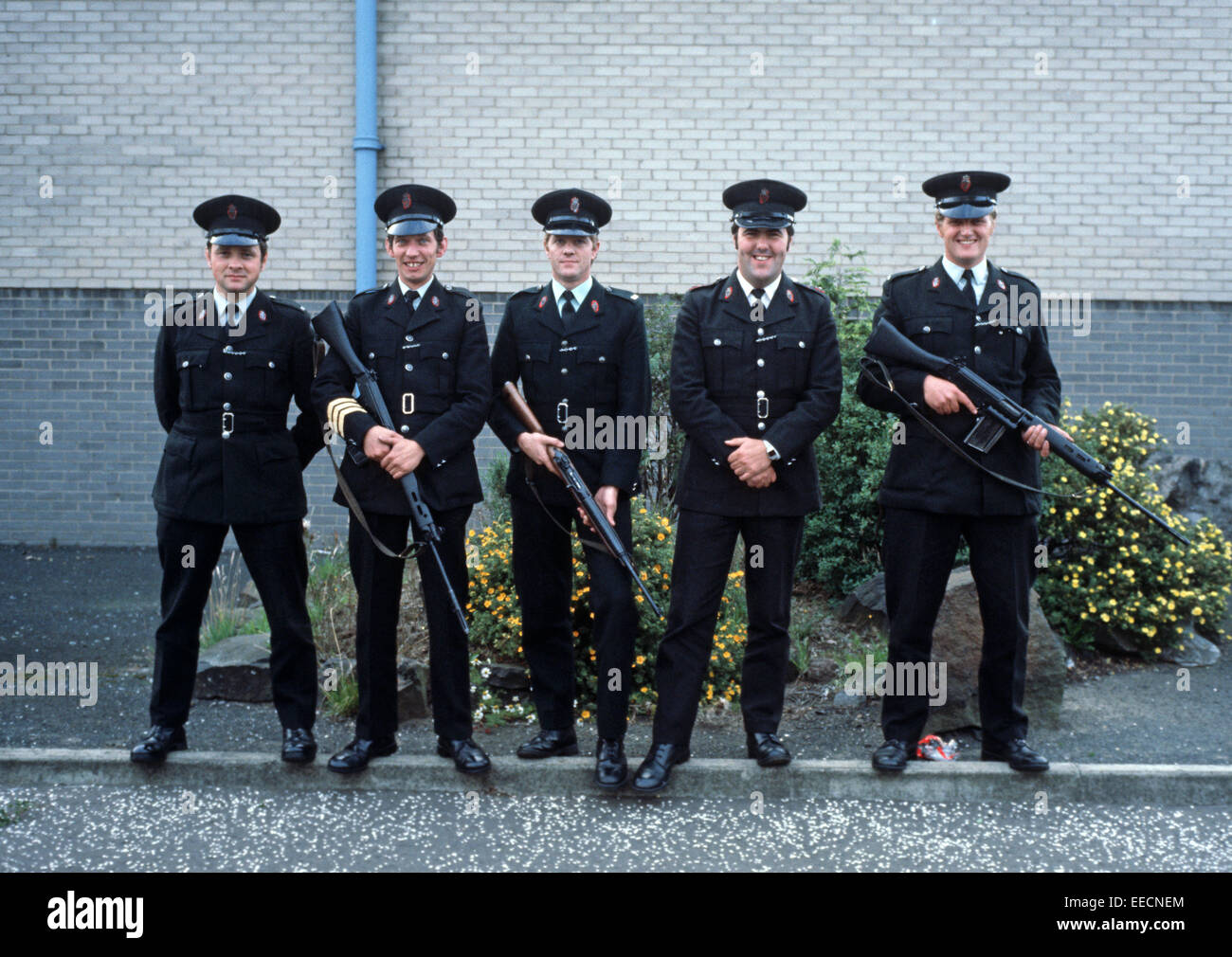 BELFAST, UNITED KINGDOM - SEPTEMBER 1978- RUC, Royal Ulster Constabulary, policemen before going out on Patrol during The Troubles, Northern Ireland. Stock Photo