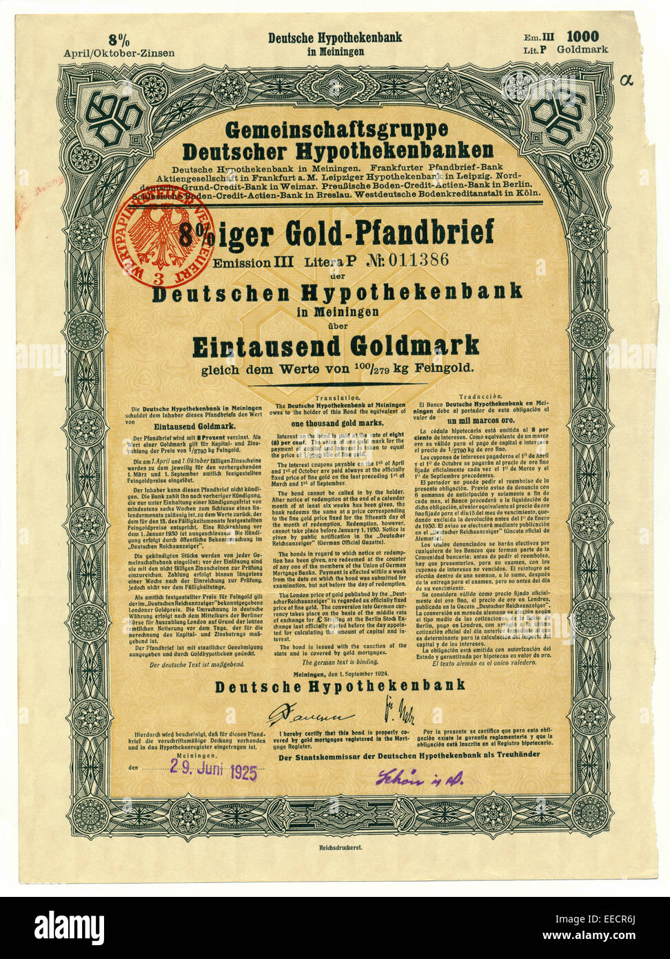 Historical share certificate, 8% Goldpfandbrief bond certificate of Deutsche Hypothekenbank, 1000 gold marks, 1925, Saxony, Germ Stock Photo