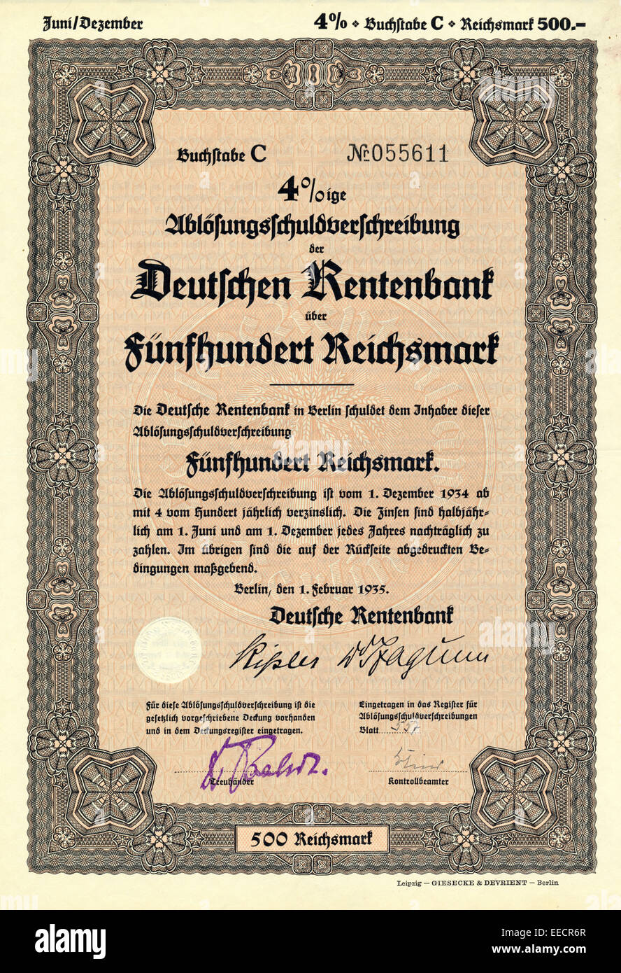 Historische Aktie, 4%ige Ablösungsschuldverschreibung der Deutschen Rentenbank über 500 Reichsmark, 1935, Deutschland, Europa Stock Photo