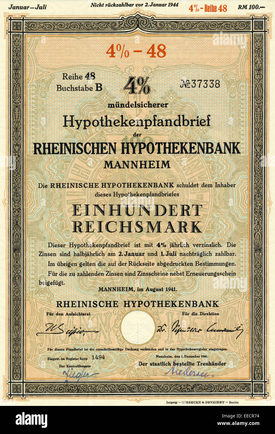 Historische Aktie, 4%iger Hypotheken-Pfandbrief der Rheinischen Hypothekenbank Mannheim über 100 Reichsmark, 1941, Deutschland, Stock Photo