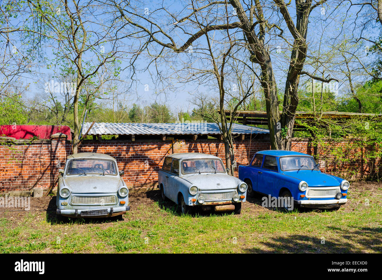 Three parked Trabant cars, Saxony-Anhalt, Germany Stock Photo