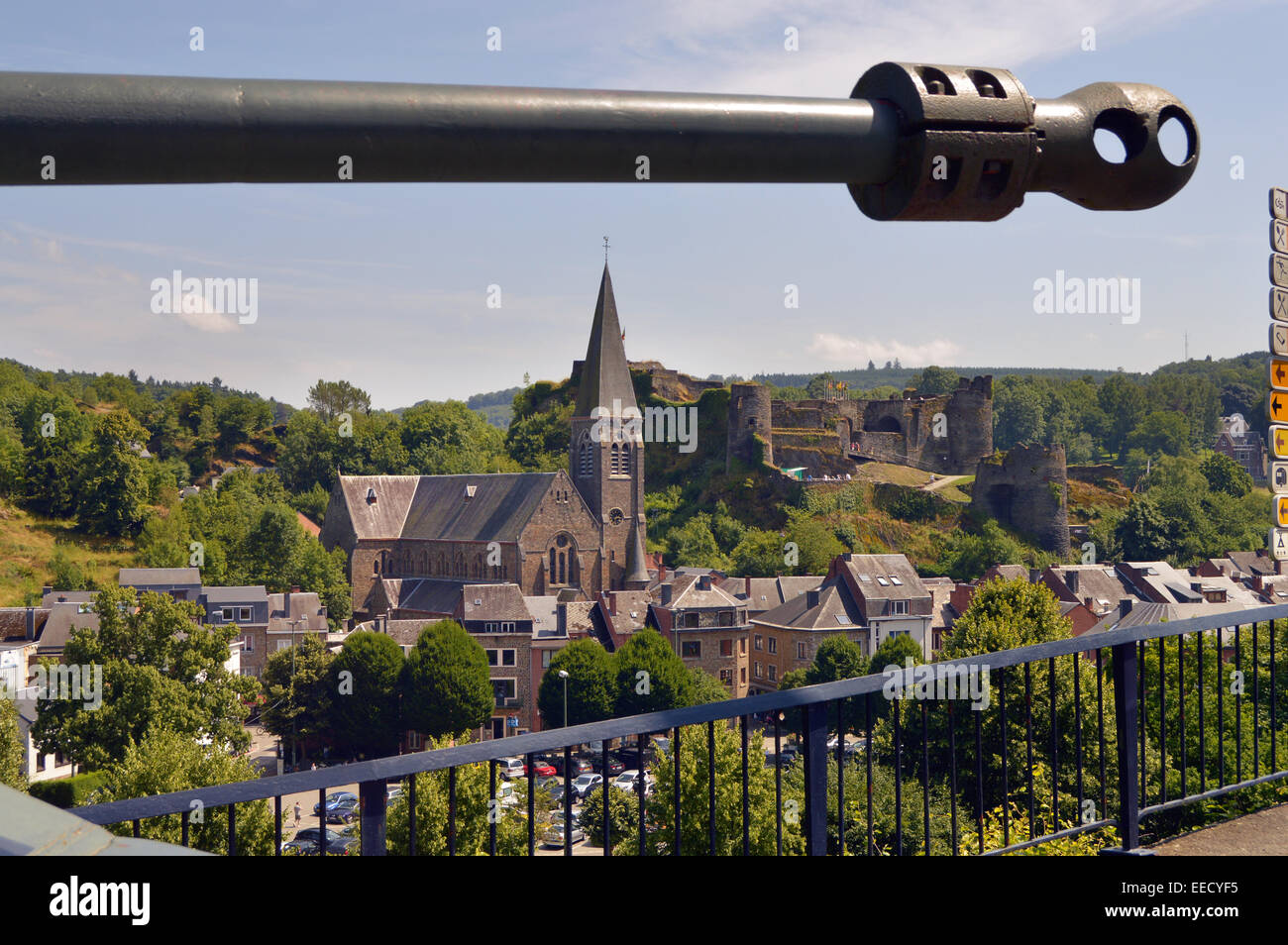La Roche-en-Ardenne - Tank barrel against the panorama of the Belgian City of La Roche Stock Photo