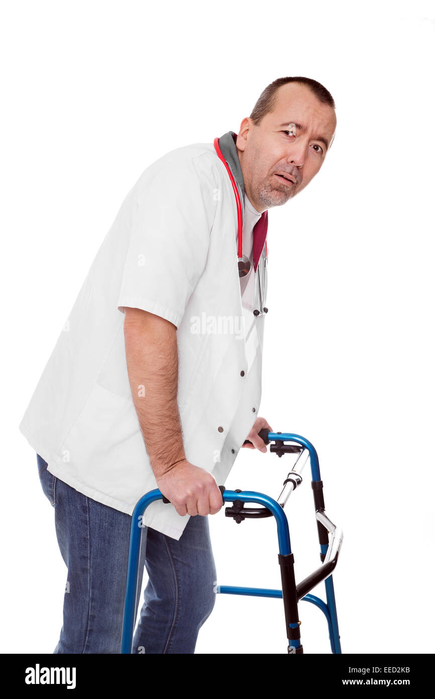 male revised nurse is limping, isolated on white Stock Photo