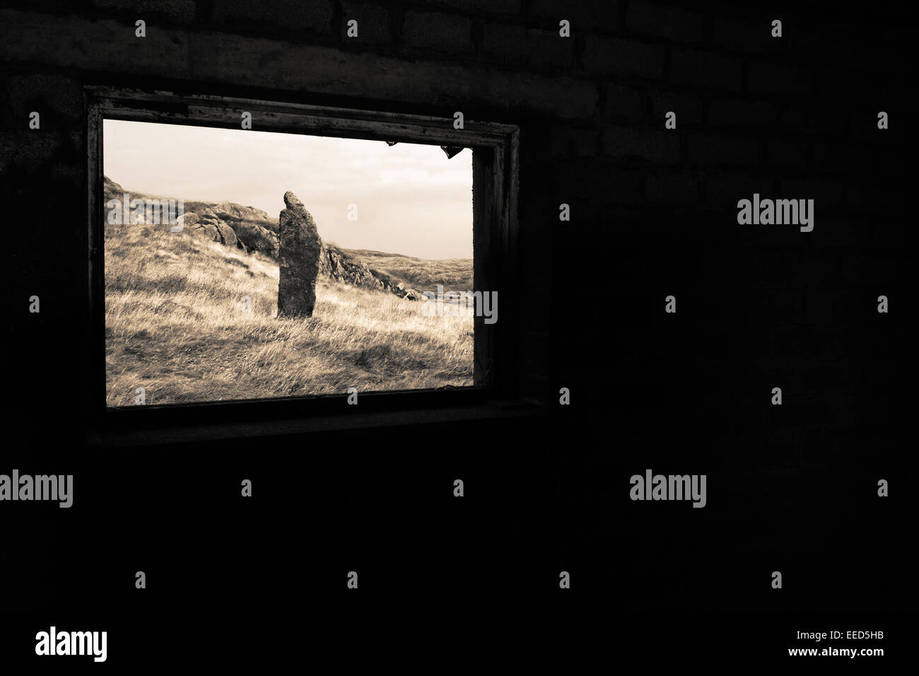 Standing Stone Through Window, Barra, Isle Of, Scotland, Stock Photo