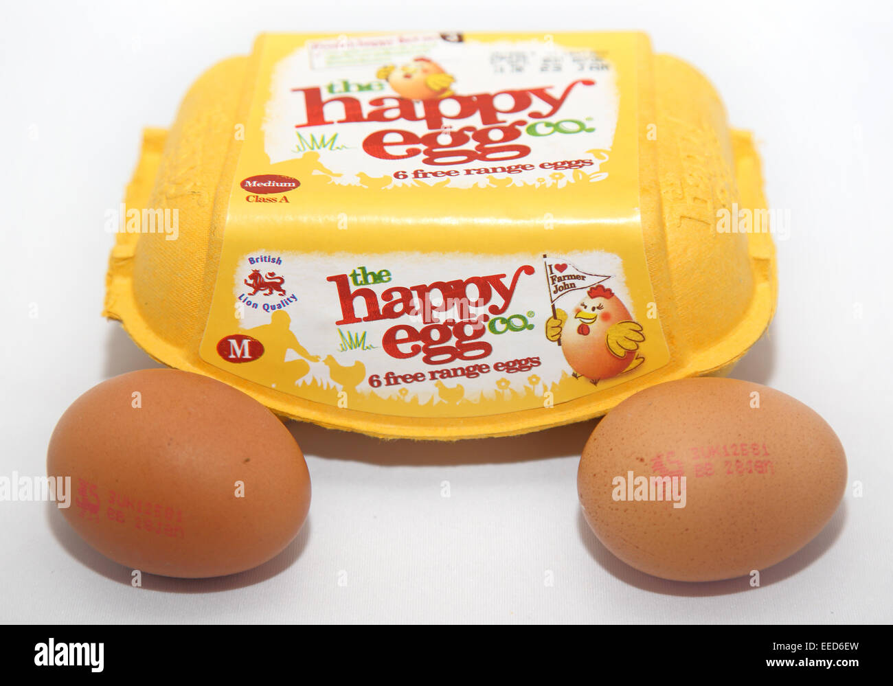 box of happy free range eggs Stock Photo
