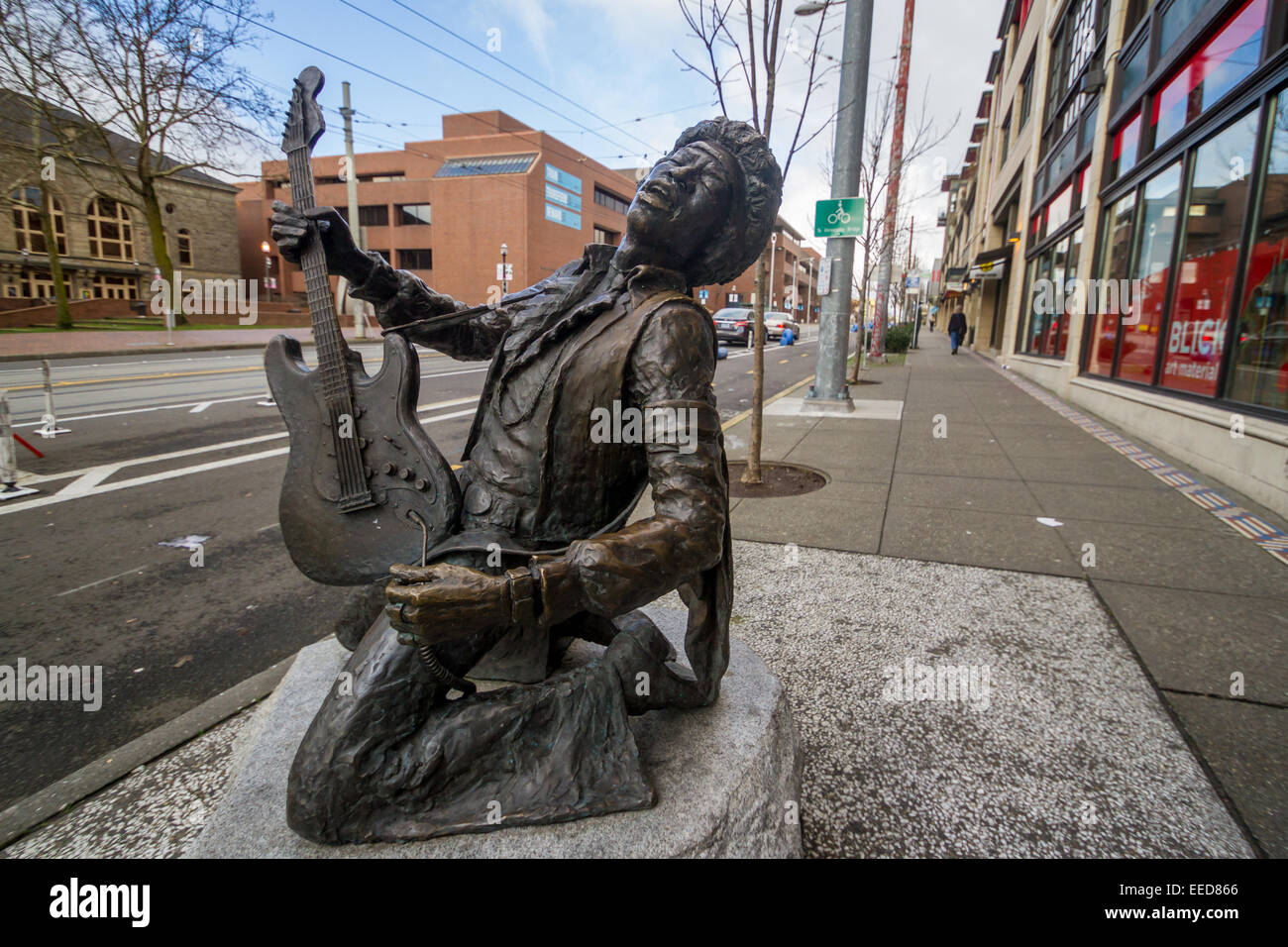 This statue is on Capitol Hill in Seattle, at the intersection of Broadway and Pine Street, and honors Jimi Hendrix. Stock Photo