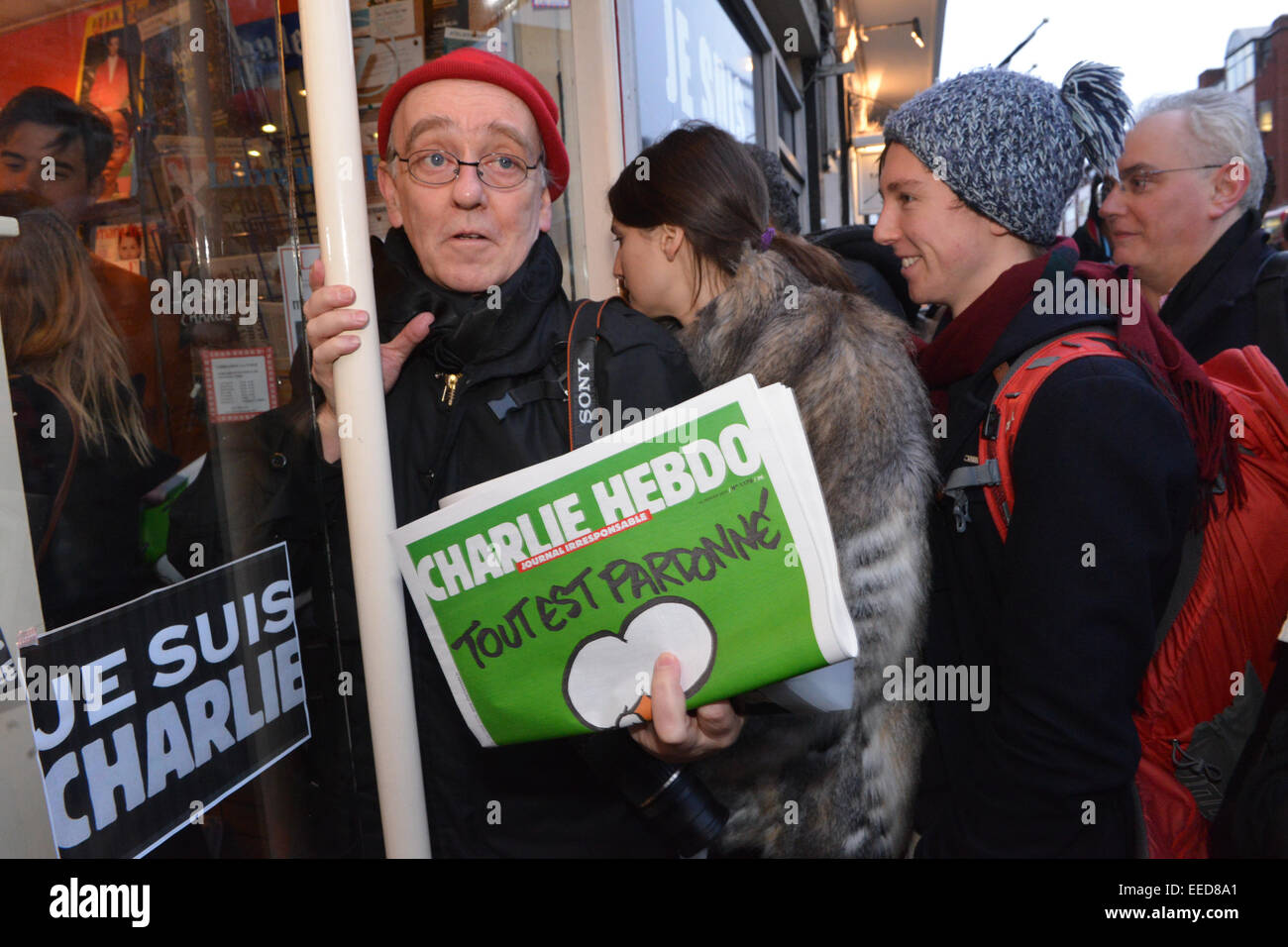 South Kensington, London, UK. 16th January 2015. Limited numbers of the French satirical magazine, Charlie Hebdo go on sale in London. The magazine has sold out in France and only around 2,000 copies are available in England. Credit:  Matthew Chattle/Alamy Live News Stock Photo