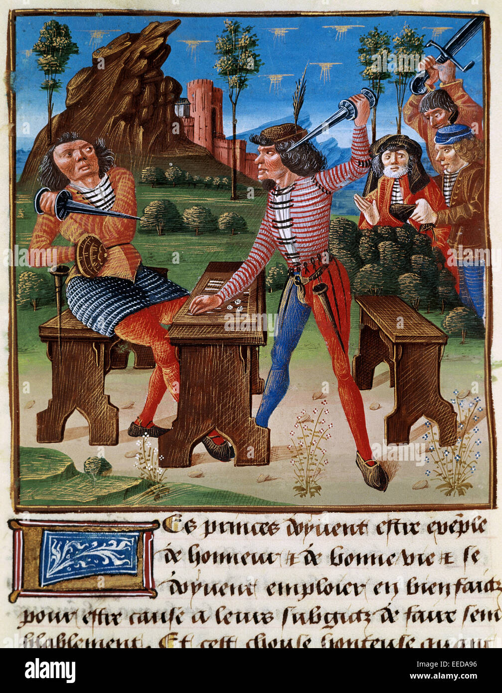 Medieval society. Craps players. Miniature 'Livre de Bonnes Meurs' by Jacques Le Grand (m.1415). French school. Stock Photo