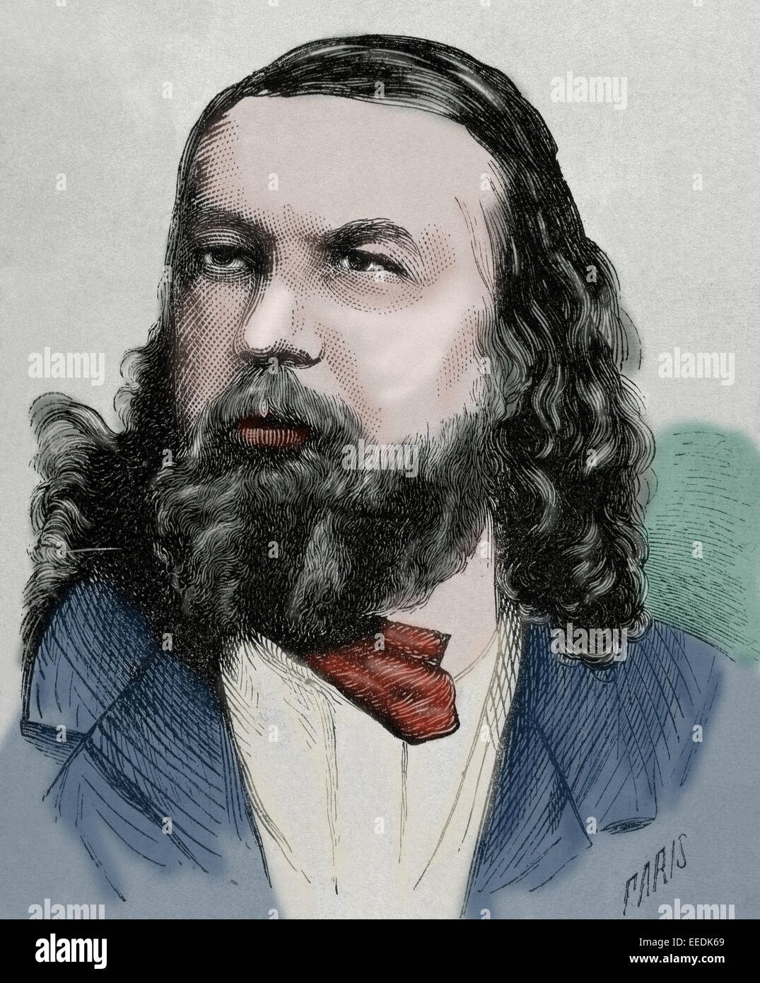 Theophile Gautier (1811-1872). French poet, dramatist, journalist, and art and literary critic. Engraving. Portrait. Colored. Stock Photo
