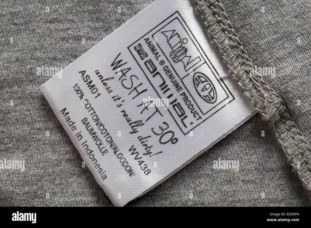 Genuine product Animal label in 100% cotton garment Made in Indonesia wash  at 30 degrees unless it's really dirty - sold in the UK United Kingdom  Stock Photo - Alamy