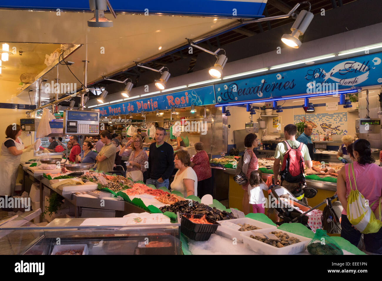 market hall Santa Catarina in Barcelona: fish stall, 4.10.2014 Stock Photo