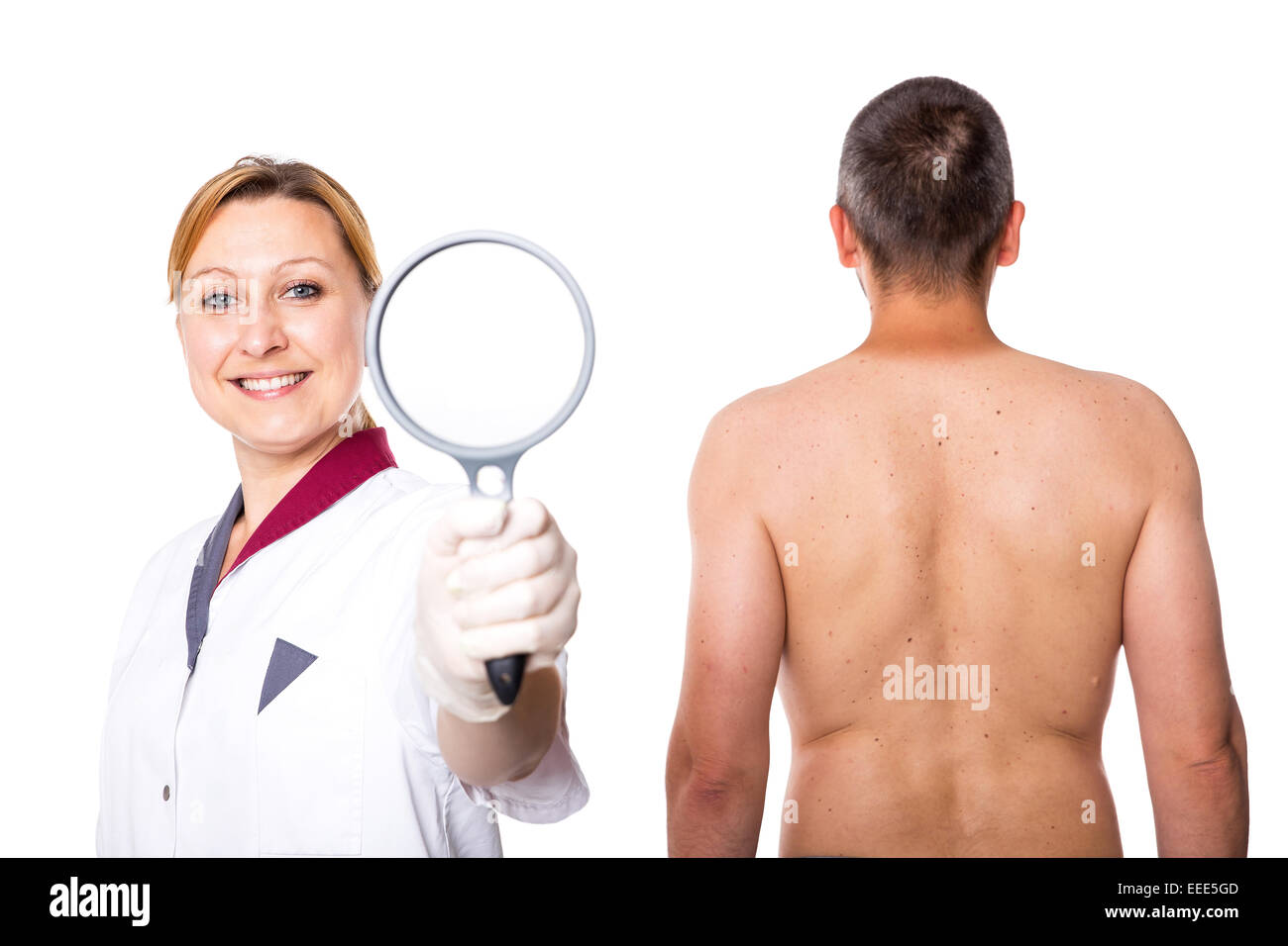 dermatologist with glass and a man Stock Photo