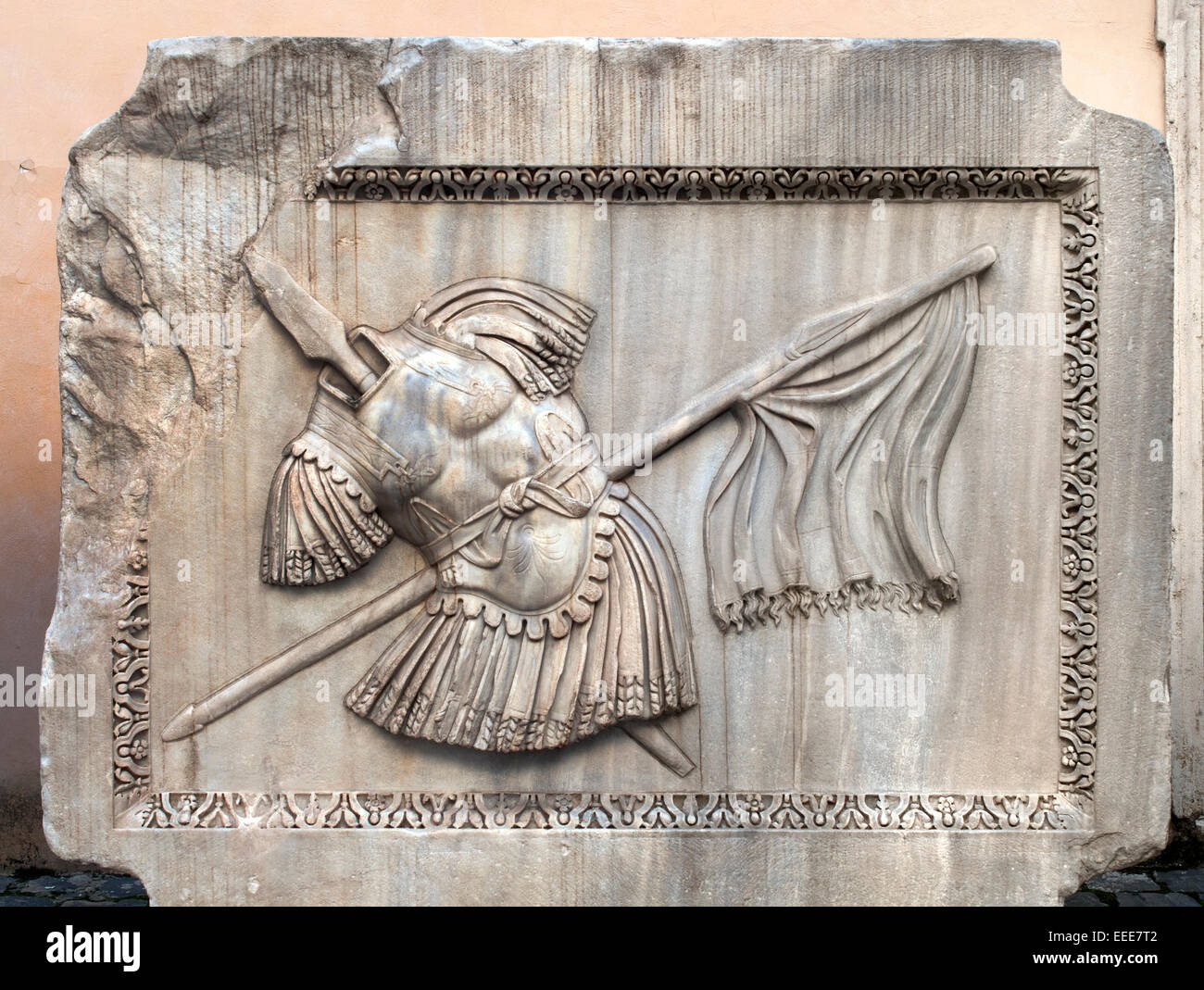 Relief of armor (armor, spears and flag) - Palazzo dei Conservatori,  Roman Rome Capitoline Museum Italy Italian Stock Photo