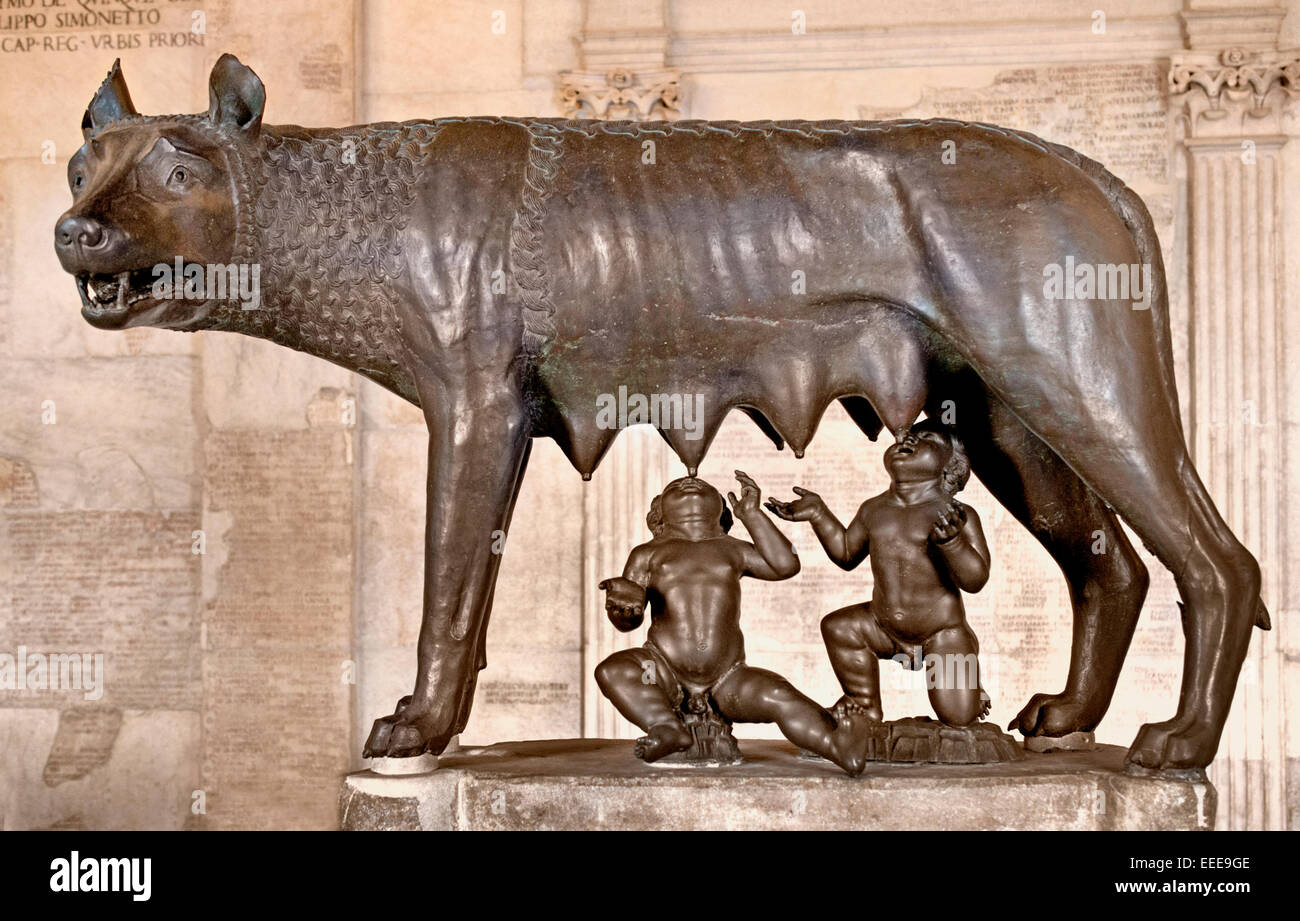 Capitoline She-wolf V Century B.C. (or Medieval Age)  Bronze 75 CM  with Romulus and Remus Capitoline Museum Rome Roman Italy Stock Photo