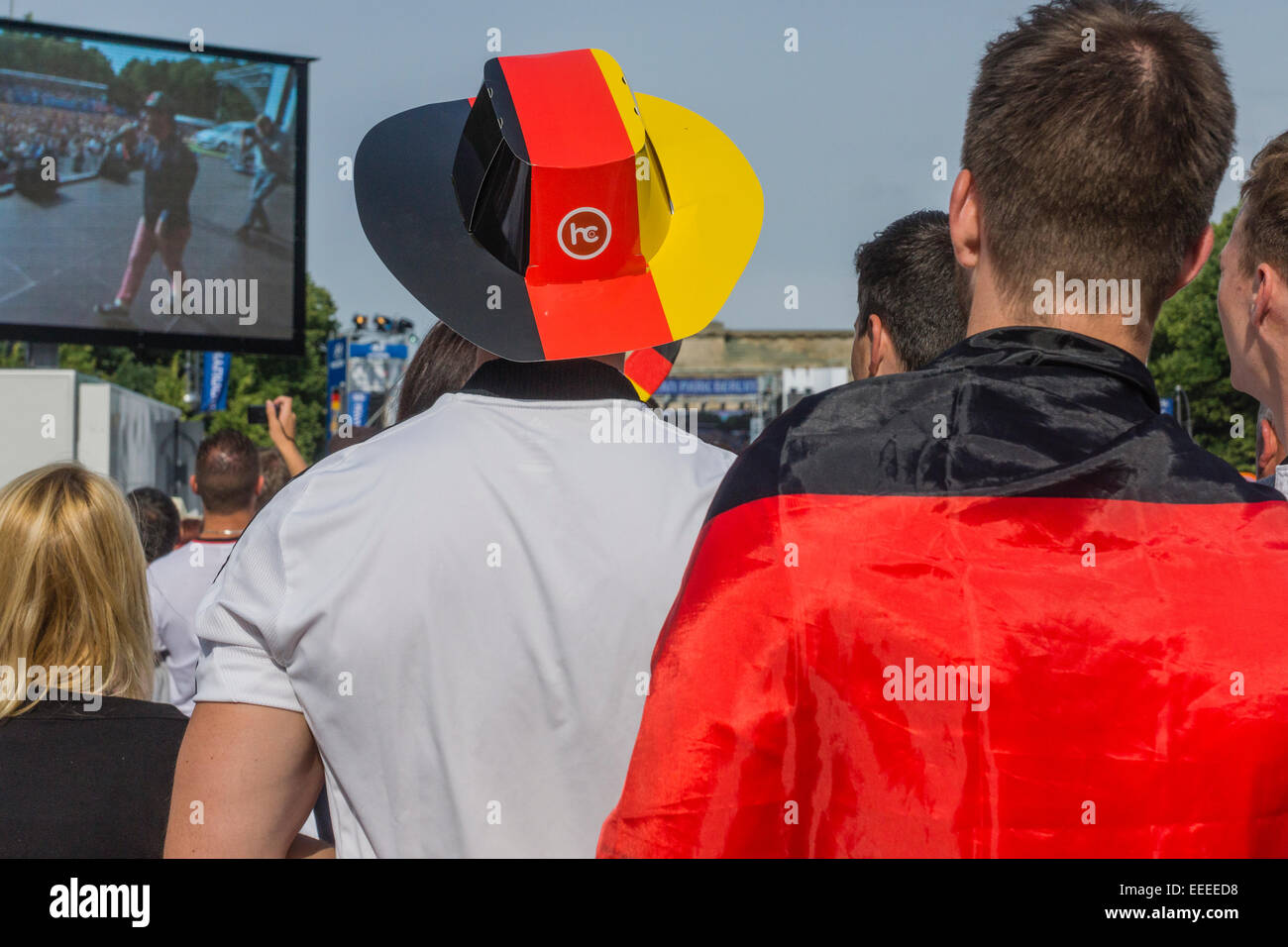 Fans celebrating at Brandenburg Gate the German football team at the FIFA World Cup in Brazil, Berlin, Germany Stock Photo