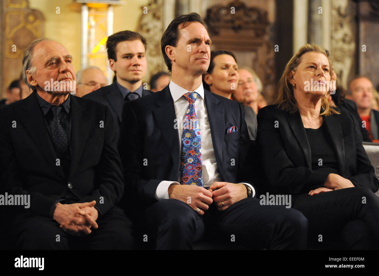 Swiss actor and eulogist of the Bremen Film Prize award, Bruno Ganz (L-R), sits next to the chairman of the board of Sparkasse Bremen, Tim Nesemann and award winner and Swiss producer Ruth Waldburger during the award ceremony for the Bremen Film Prize in the town hall of Bremen, Germany, 15 January 2015. The Bremen Film Prize is endowed with 8,000 euro sponsored by the Sparkasse Bremen Foundation. Bruno Ganz was the first ever awardee to be honoured with the Bremen Film Prize. Photo: Ingo Wagner/dpa Stock Photo