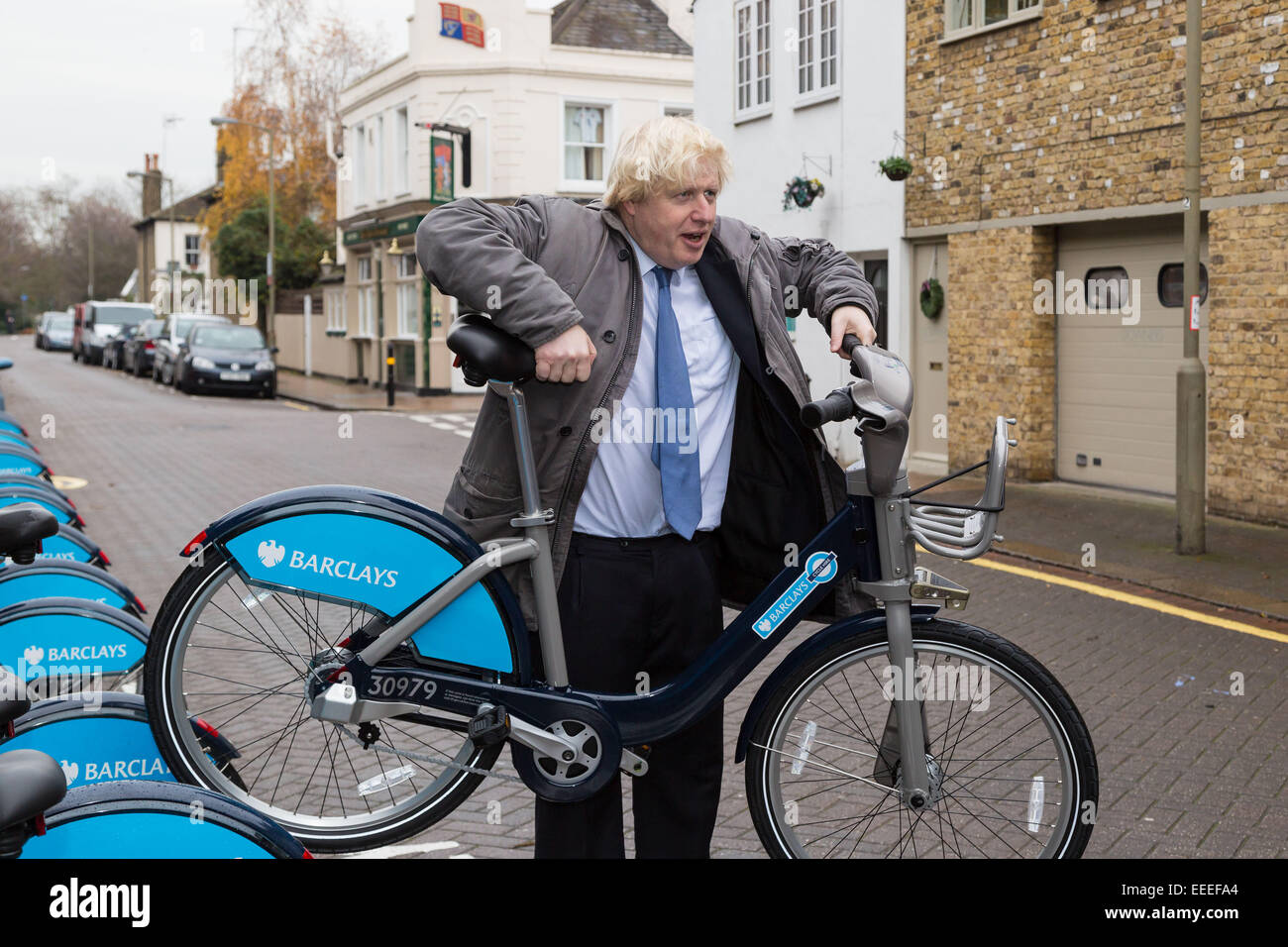 London Mayor Boris Johnson with a hire bike Stock Photo