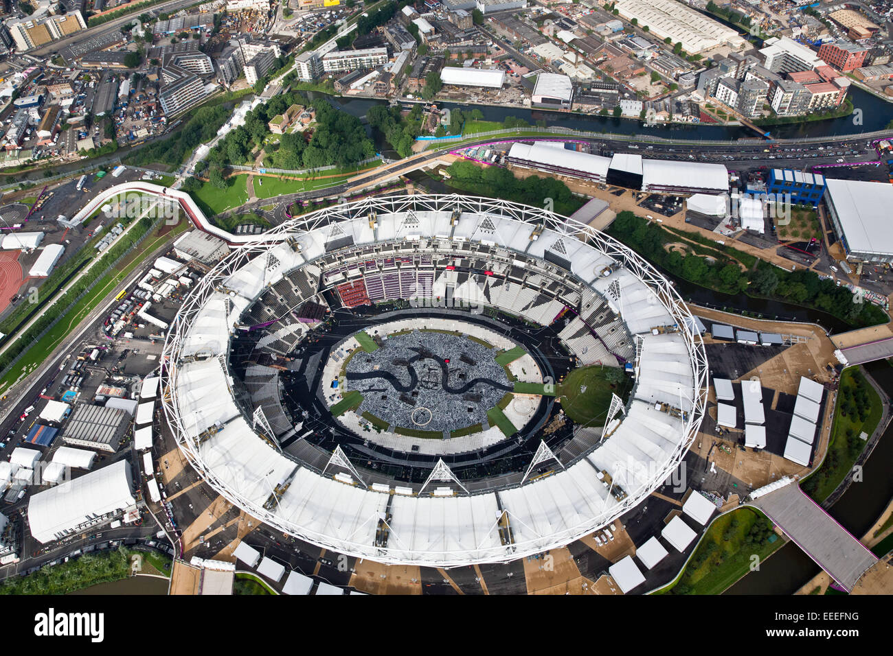 Aerial views of the Olympic Stadium leading up to the 2012 Games Stock Photo