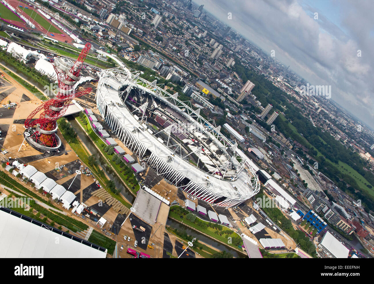Aerial views of the Olympic Stadium leading up to the 2012 Games Stock Photo