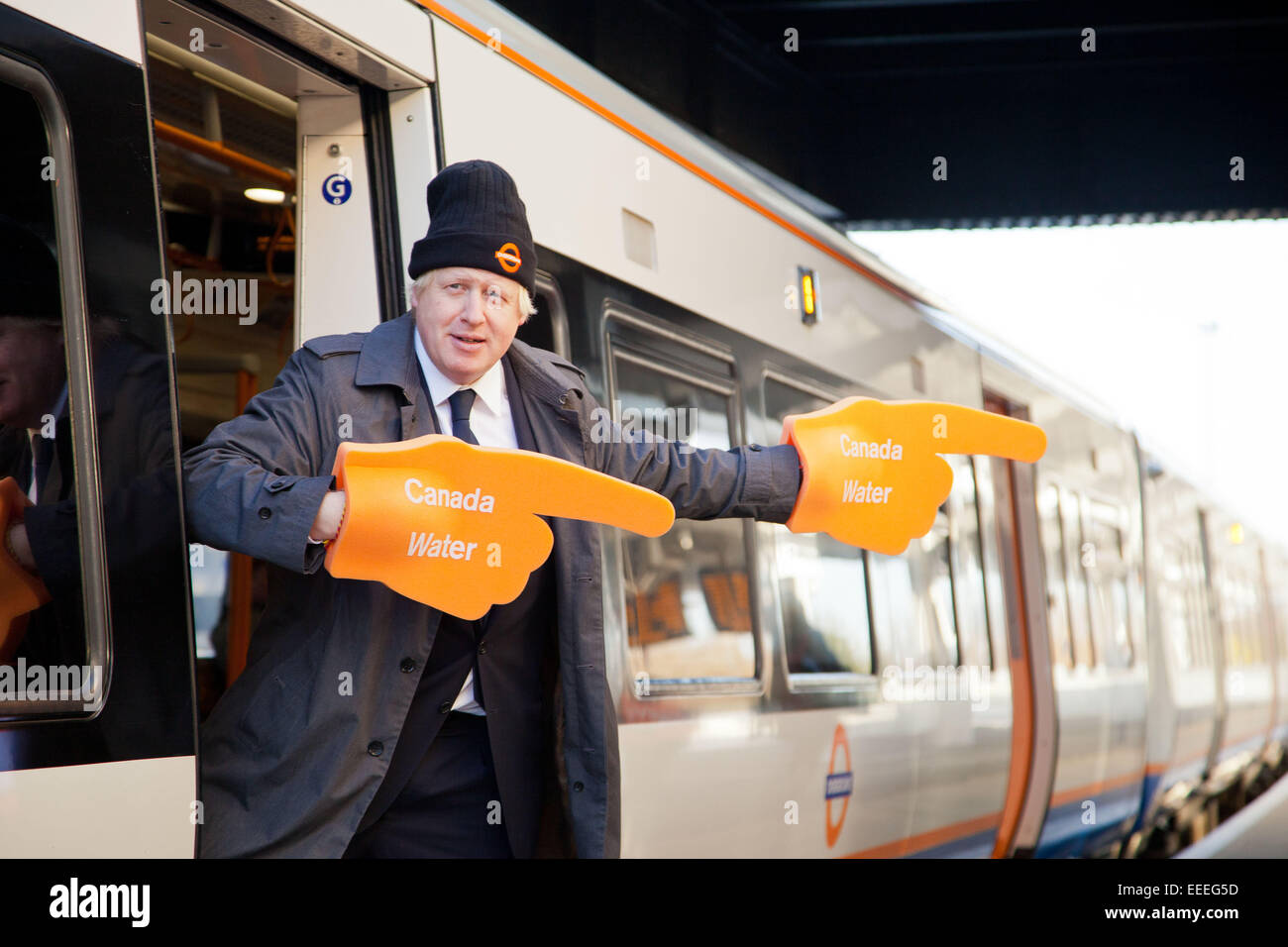 Boris Johnson poses for the press at the launch of the Surrey Quays to Clapham Junction line Stock Photo