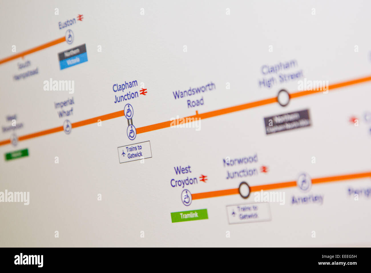 Close up of Overground line diagram showing the Surrey Quays to Clapham Junction line Stock Photo