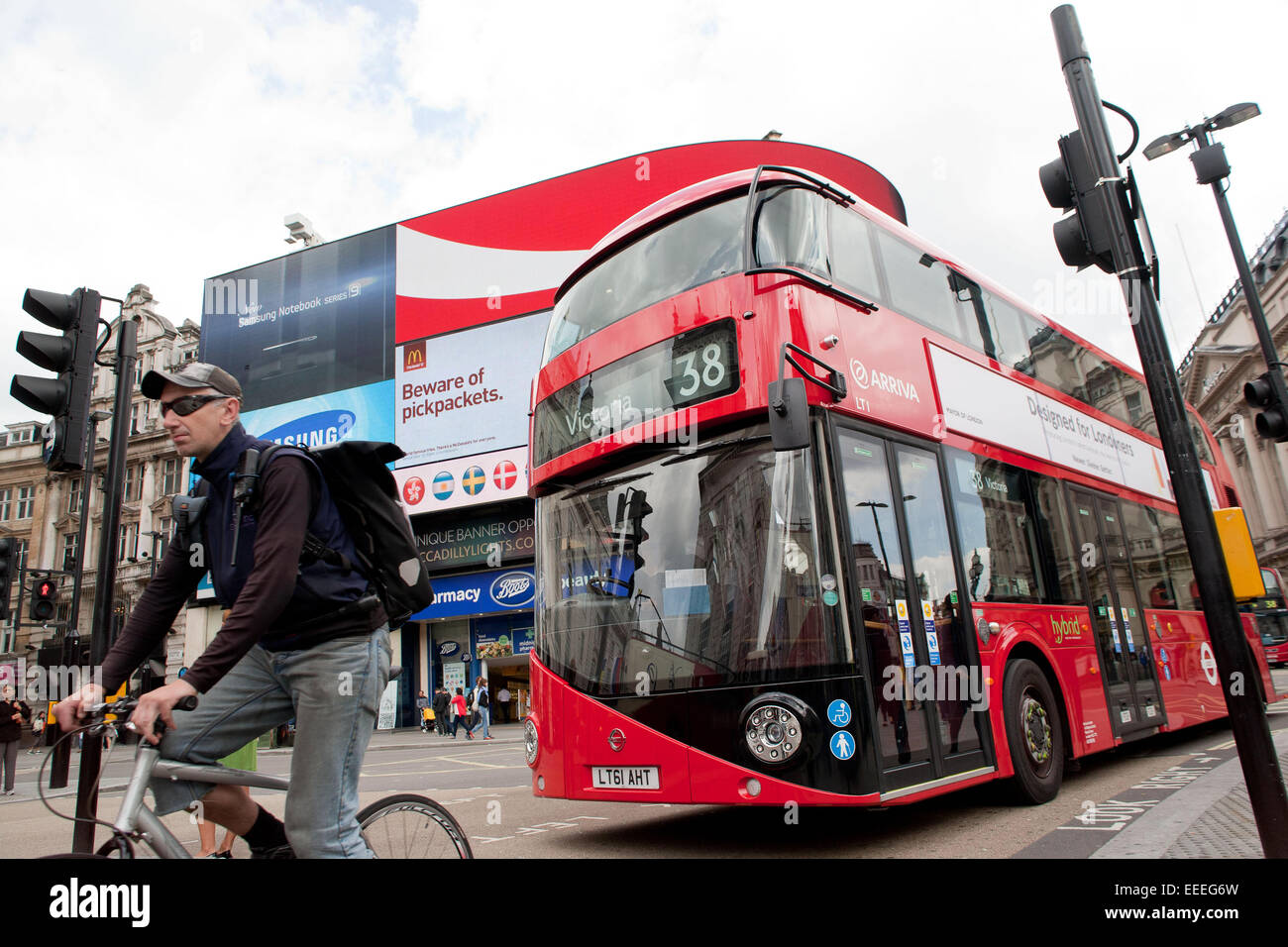 The iconc New Bus for London at Picadilly Circus Stock Photo