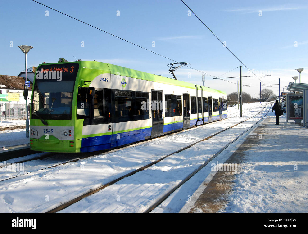 London Tramlink train in the snow Stock Photo