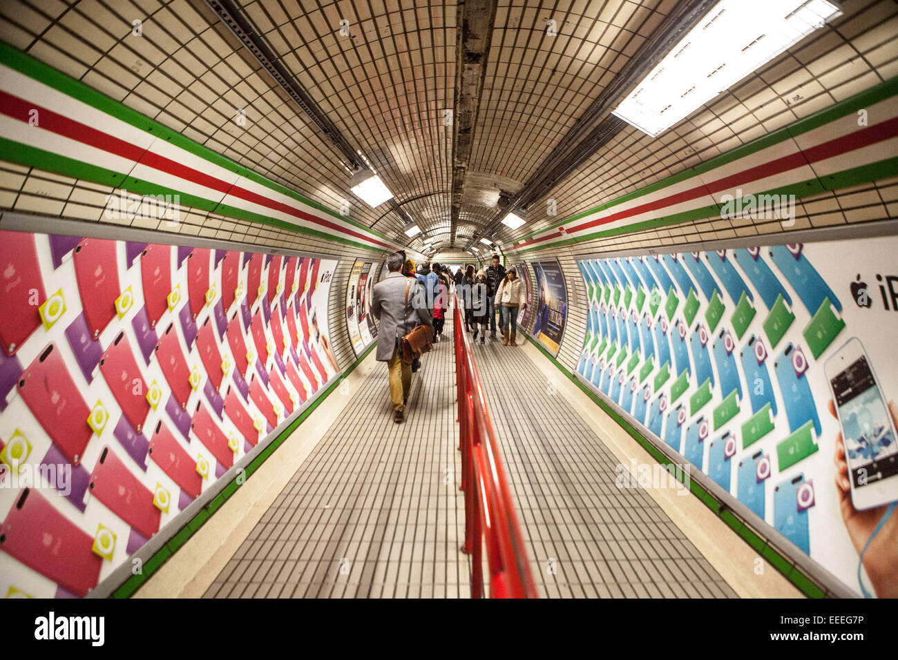 Pathway to Central Line platforms from the entrance escalators at Tottenham Court Road Station. Stock Photo