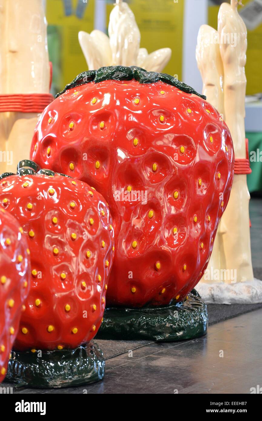 Giant Strawberries as sign for a fruit sale shop, Germany, city of Hannover, 14. January 2015. Photo: Frank May Stock Photo