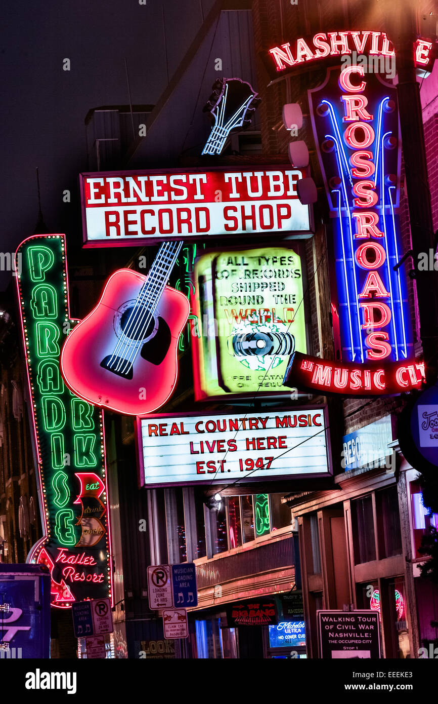 Neon signs for Crossroads, Ernest Tubbs and other honkytonks on lower