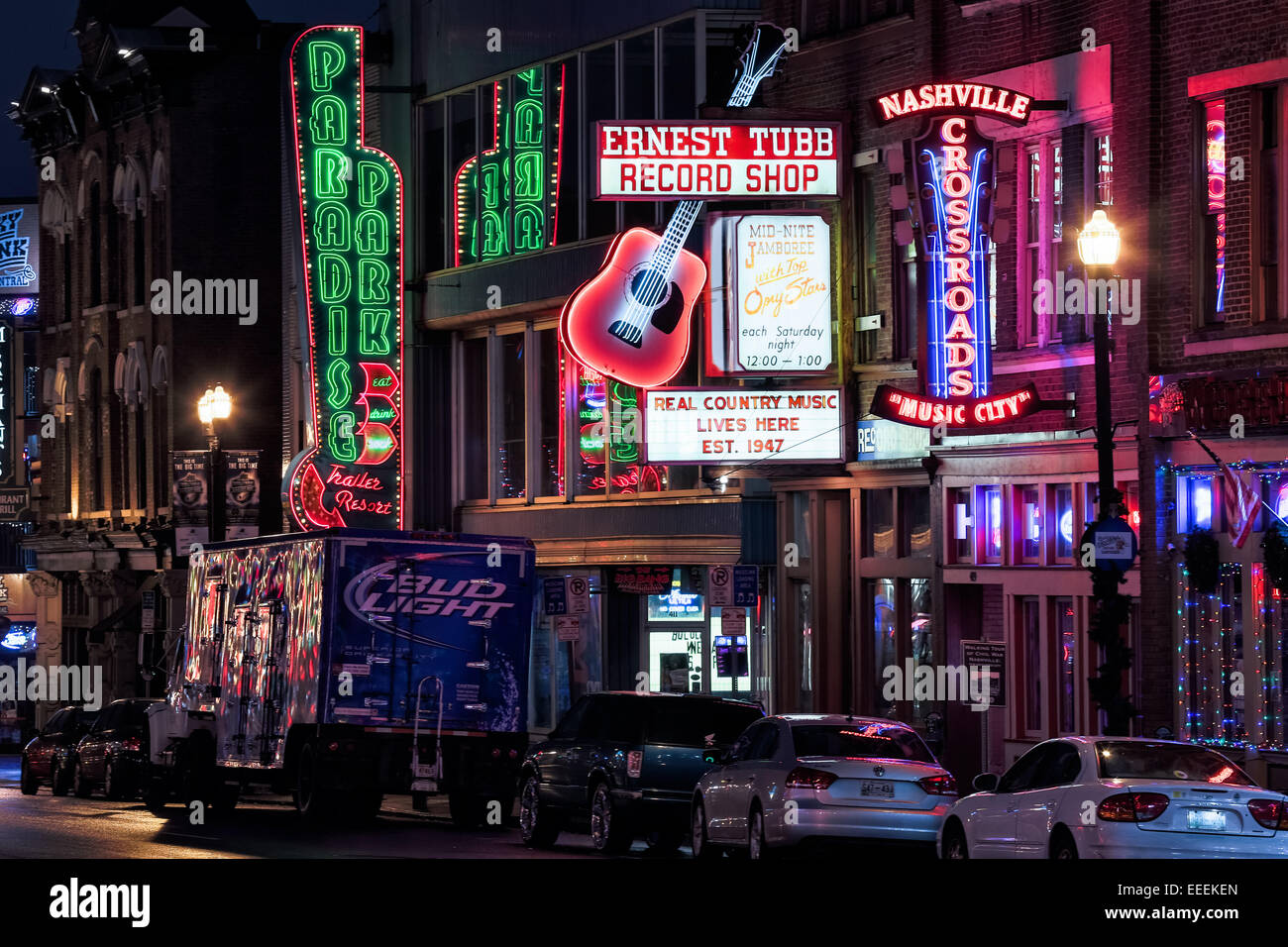 Neon signs for Crossroads, Ernest Tubbs and other honkytonks on lower
