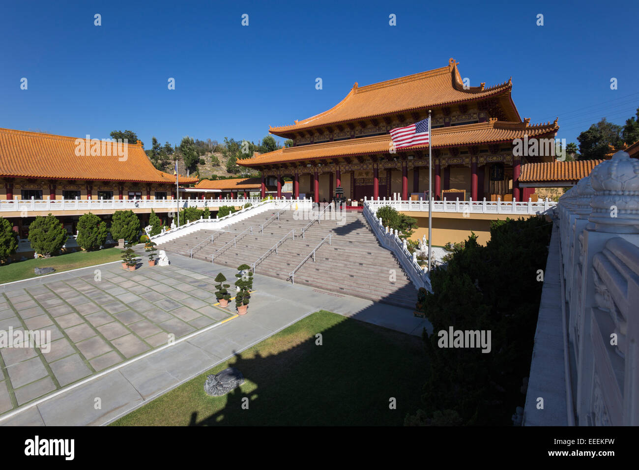 Main Hall, on right, Hsi Lai Temple, city of Hacienda Heights, Los Angeles County, California Stock Photo