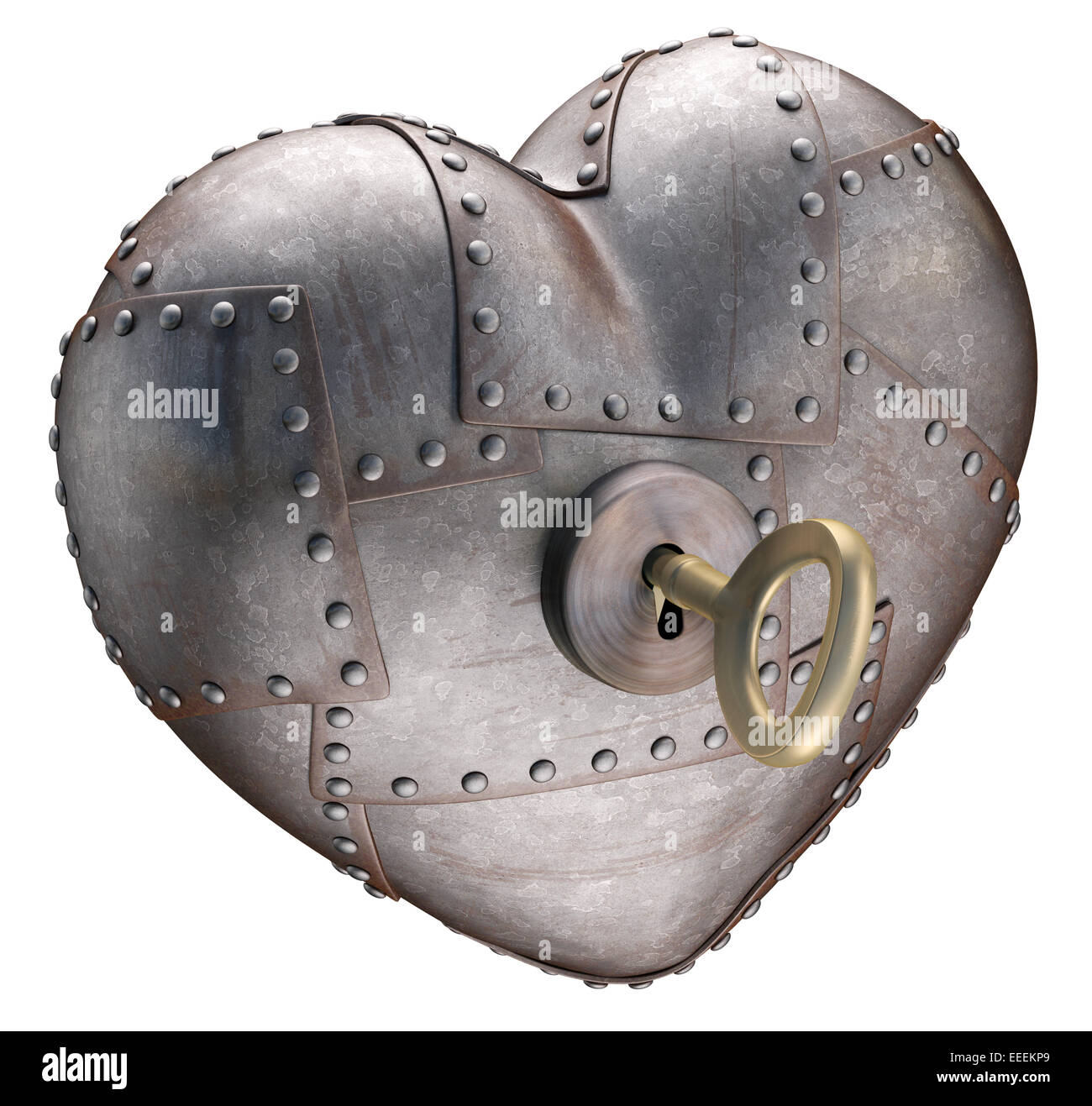 Metal heart being opened by a key. Clipping path included. Stock Photo