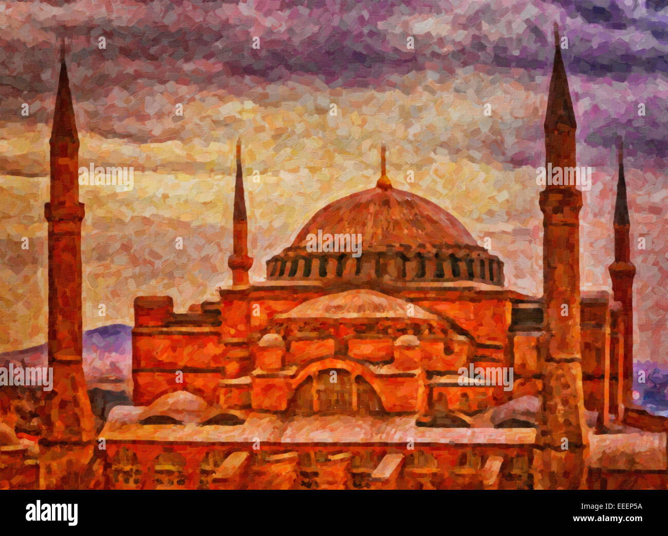 A digital painting of the impressive hagia sophia mosque situated in the turkish city of istanbul. Stock Photo