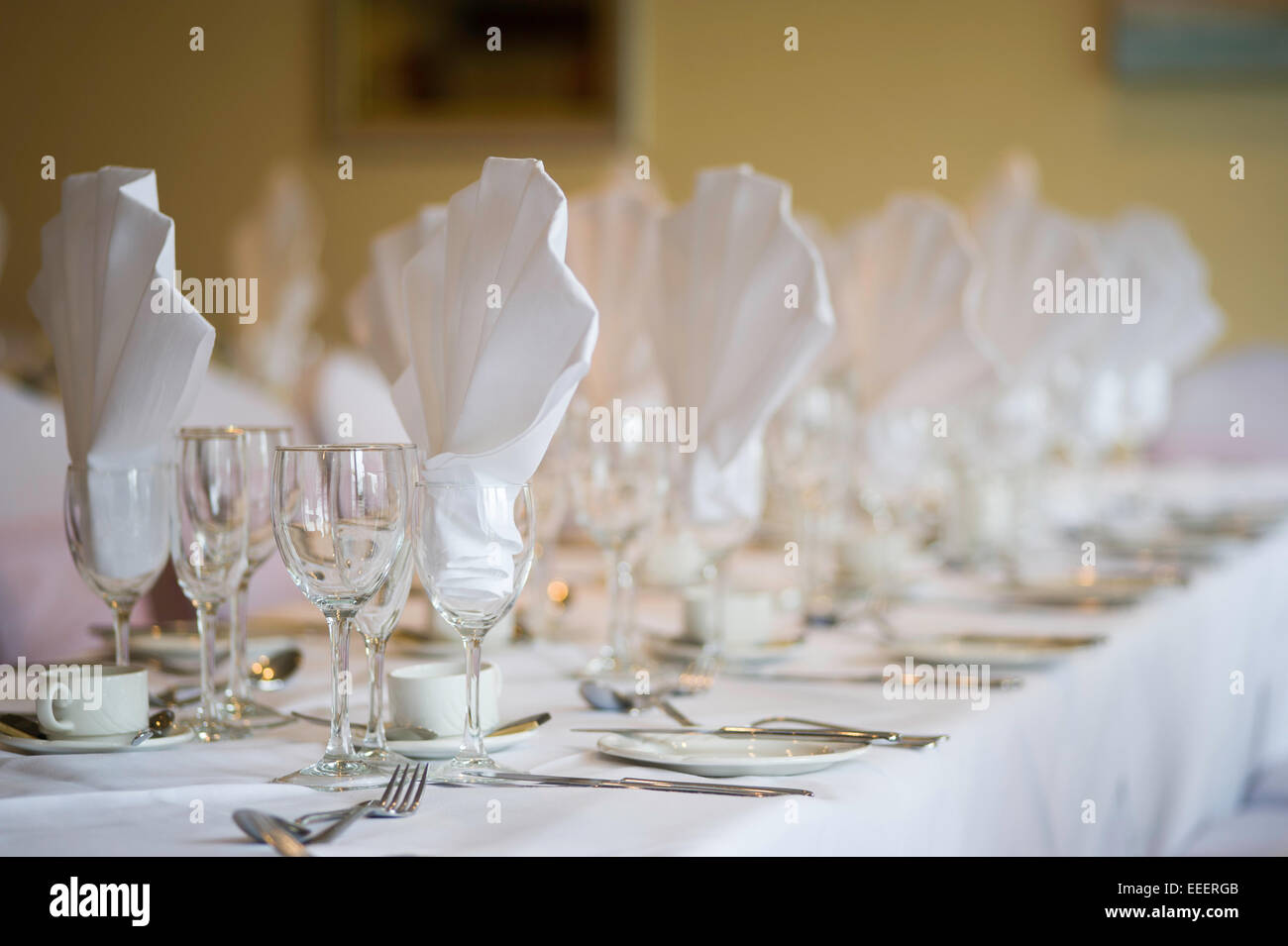 a wedding banquet table with wine glasses fully dressed Stock Photo