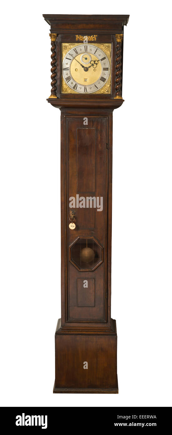 Grandfather/Grandmother long case clock, with Roman numerals and twisted wood columns with Corinthian column caps. Stock Photo