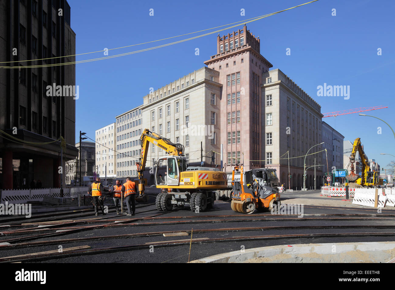 Berlin, Germany, works for tram tracks in Berlin-Mitte Stock Photo